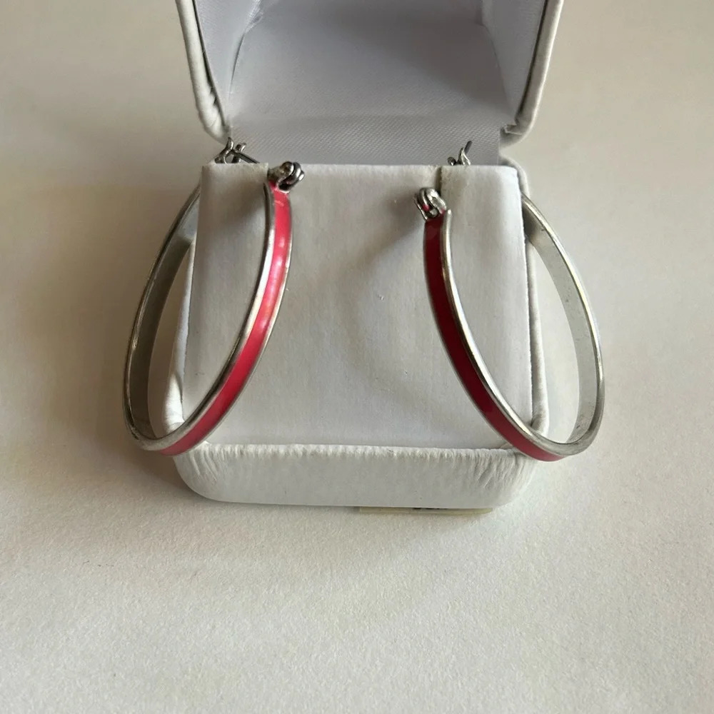 3/$20 Silver Tone Red Striped Hoop Clip Earrings 2” Pierced